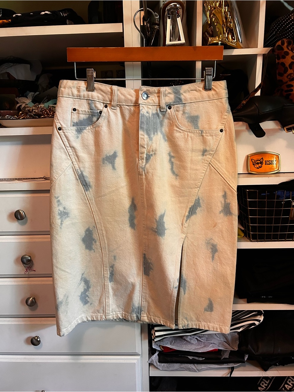 Tie-Dye Beige Denim Pencil Skirt